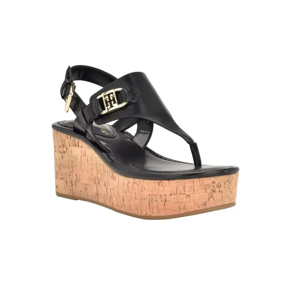 TOMMY HILFIGER Womens Black 1.5 Cork Gold Vani Wedge Heeled Thong Sandals 11 M